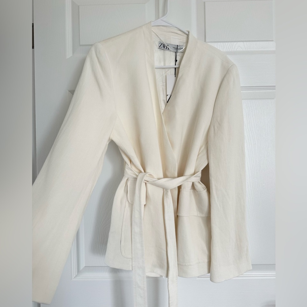 Zara nwt linen jacket blazer casual with waist tie belt - Picture 13 of 14